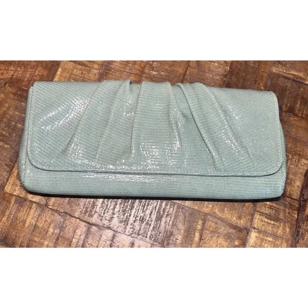 Lauren Merkin Large Caroline Lizard Pleated Leather Clutch Envelope Bag Green
